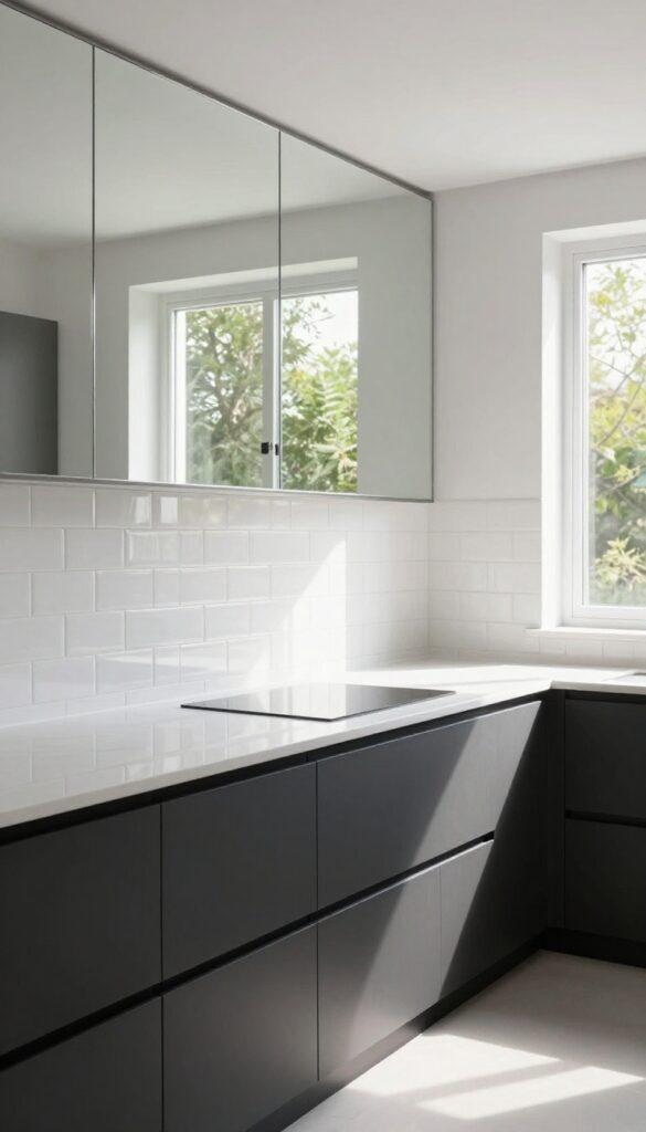 Modern kitchen with mirror reflecting natural light and greenery, glossy backsplash, bright and airy atmosphere.