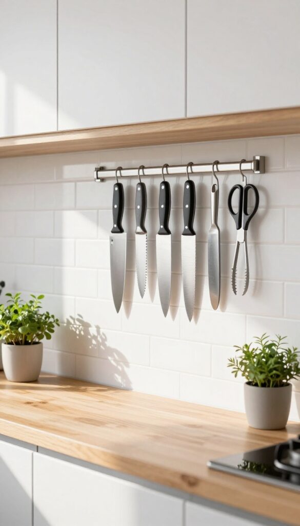 Magnetic strip holding knives and metal tools on kitchen backsplash