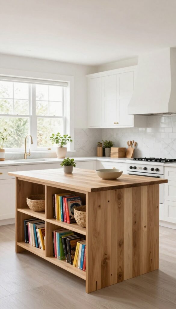 Kitchen island with built-in open shelving holding cookbooks and decor items