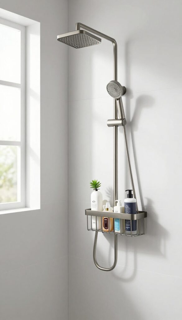 Wall-mounted shower caddy in matching finish for organized bathroom storage
