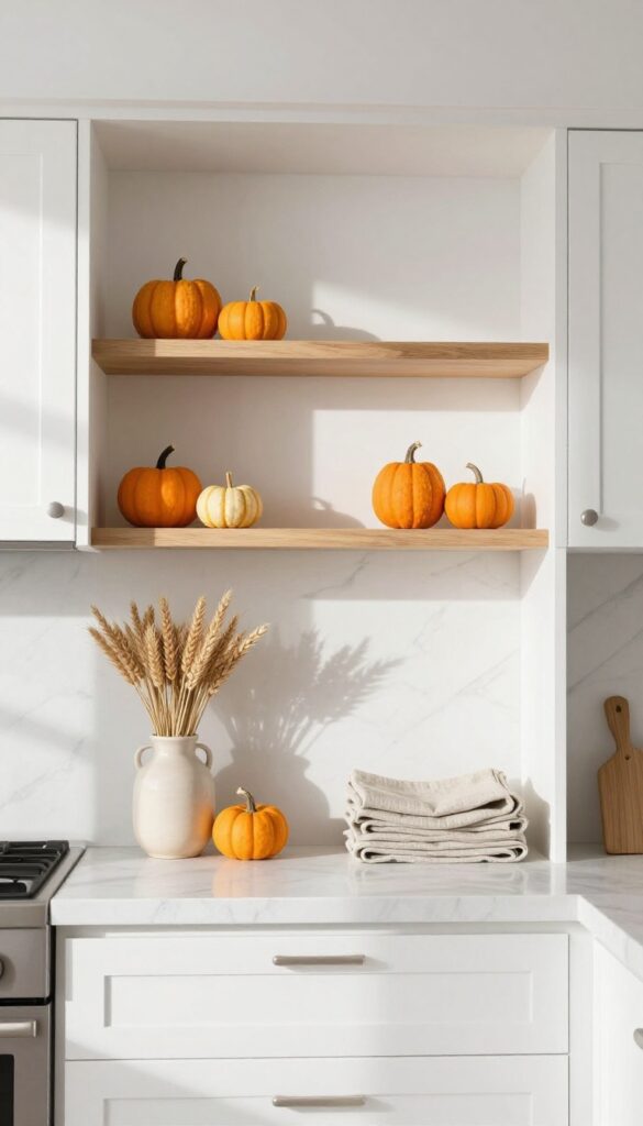 Modern kitchen open shelves with fall seasonal decor featuring mini pumpkins and dried wheat.