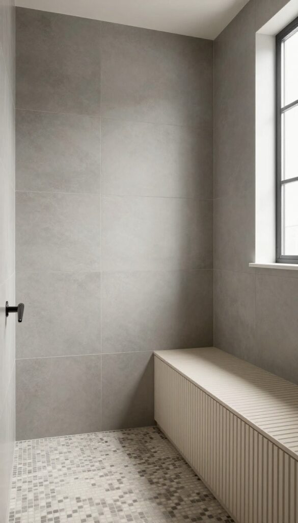A master shower with mixed tile textures showcasing depth and style through controlled variation in neutral tones under bright natural light.