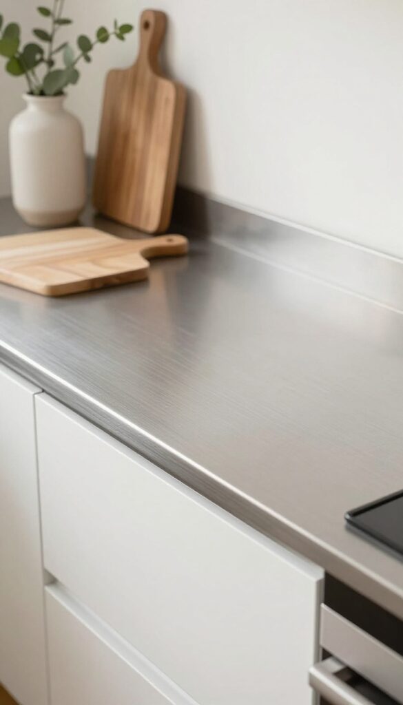 Brushed stainless steel countertop in a bright kitchen with wood accents and greenery