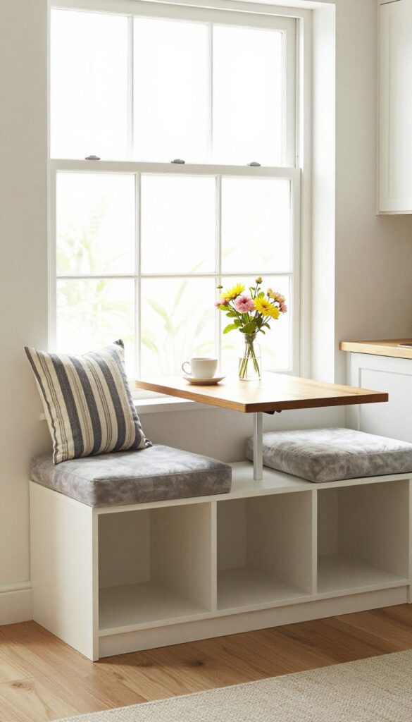 Window bench with pull-out table in a small kitchen
