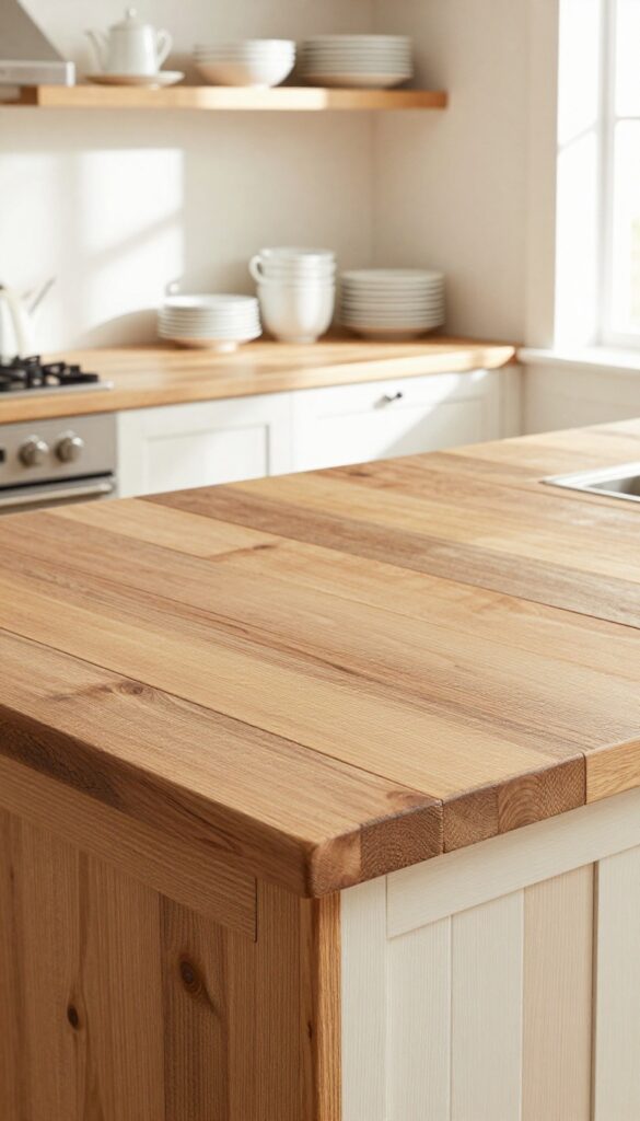 Reclaimed wood planks covering a kitchen countertop, creating a warm and textured farmhouse look.