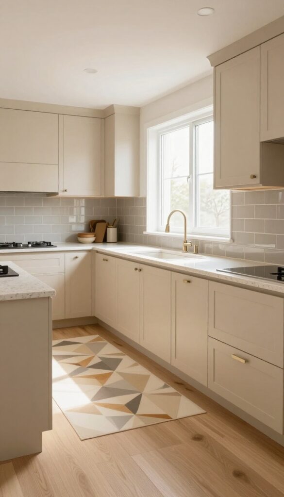 Modern beige kitchen with patterned runner on floor