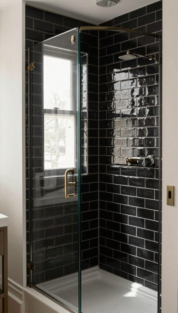 Glossy black subway tiles in a walk-in shower with natural lighting, showcasing a modern bathroom design without text or logos.