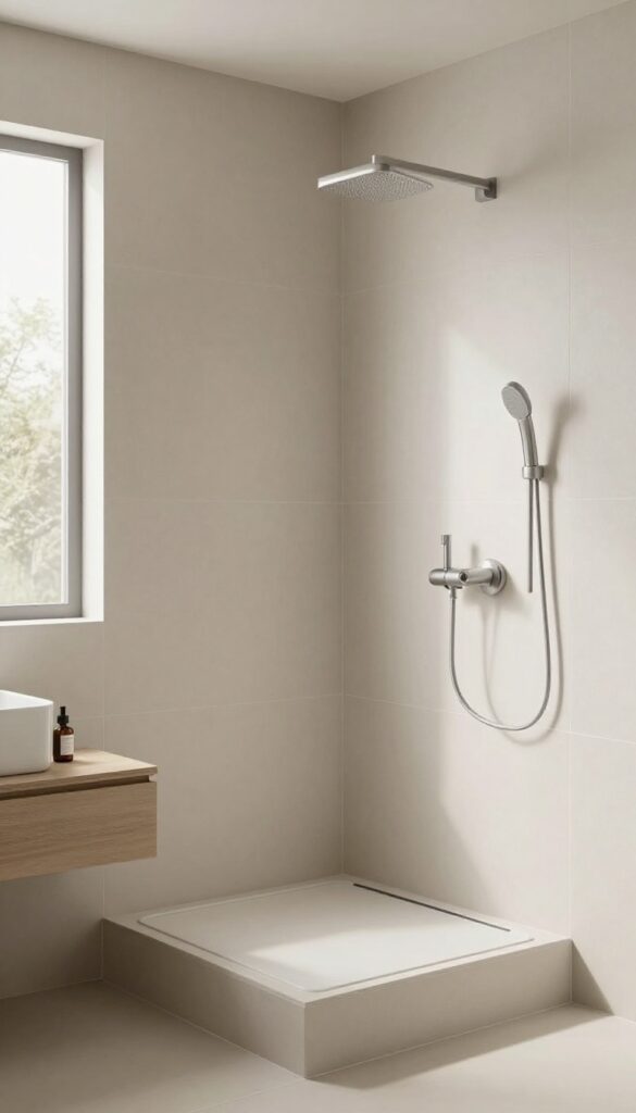 A modern stand-up shower with a built-in corner seat for added comfort and style, featuring bright natural lighting and clean tile design.
