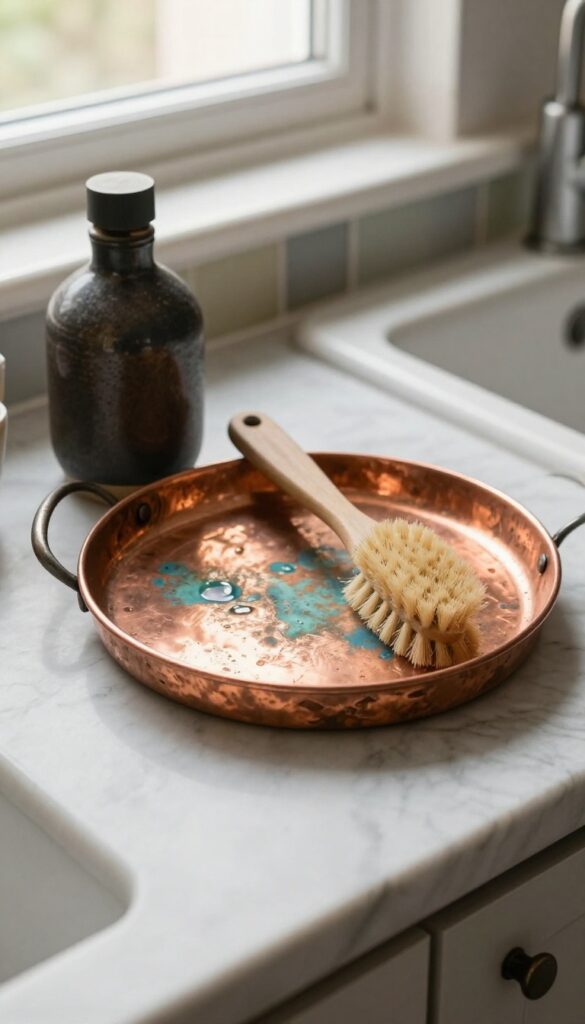 Copper soap tray with patina on marble countertop, holding dark ceramic soap bottle and wooden brush, warm kitchen background
