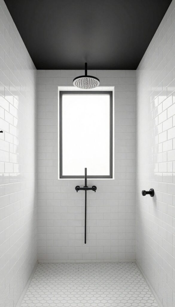 Black ceiling with white walls and floor in a bright shower