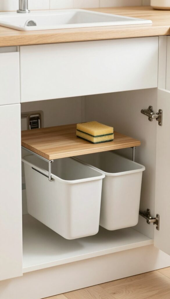 Under-sink cabinet with pull-out tray for trash and recycling, wooden top shelf with sponge and soap, bright natural light