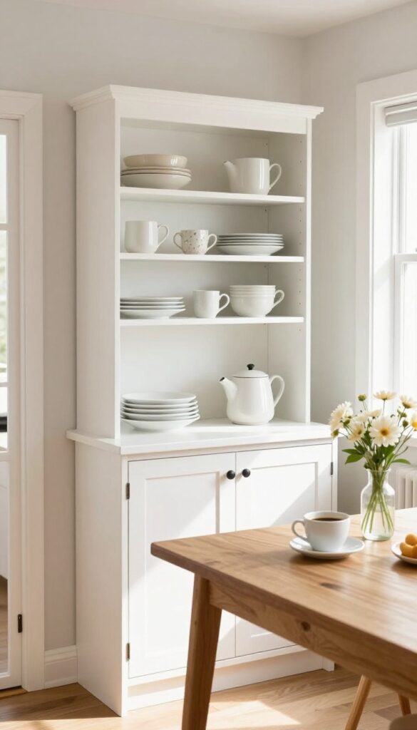 A slim white hutch in a small kitchen with open shelves and a fold-down table set for coffee, bathed in natural light.