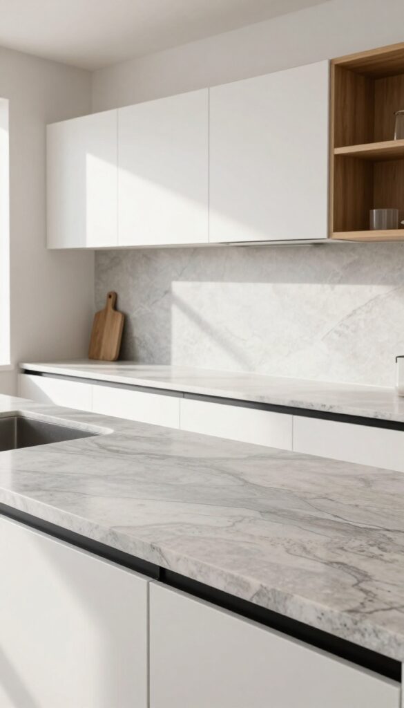 Modern kitchen with subtly veined quartz countertop, neutral cabinetry, matte black hardware, and warm wood accents.