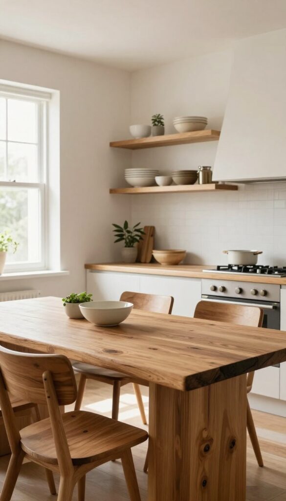 Kitchen and dining room with warm wood accents including butcher-block countertops, oak shelves, and reclaimed wood table