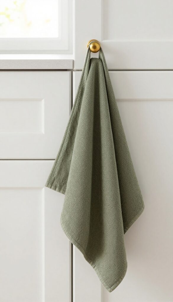 Olive green towel looped through a brass cabinet handle in a bright modern kitchen