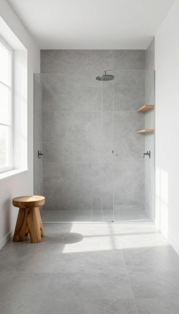 A seamless grey tile floor in a bright bathroom, extending from the shower to the main area, with white walls and warm wood accents for a cohesive, spacious look.