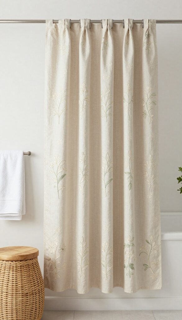 A boho bathroom with an embroidered shower curtain in neutral tones under natural light, featuring floral patterns and natural materials like wood and rattan for a polished look.