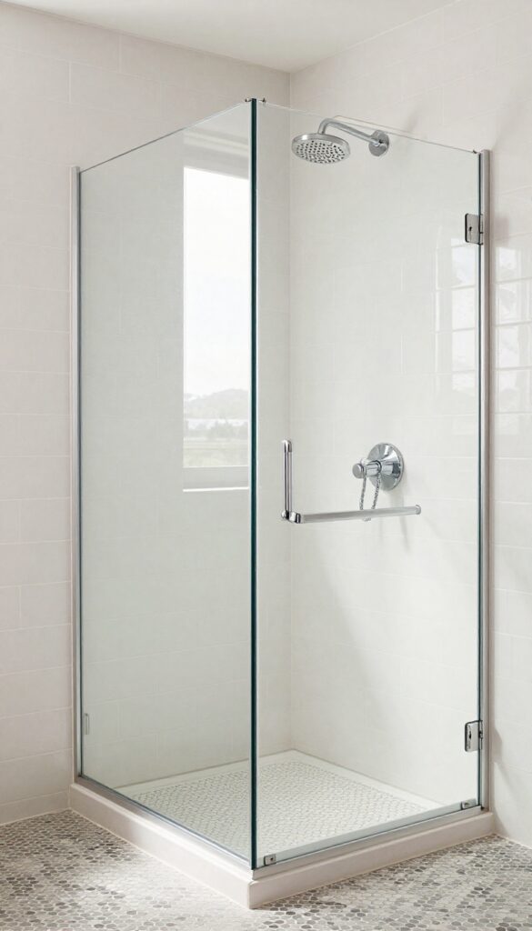 A mixed-tile walk-in shower with smooth wall tiles and textured floor tiles in natural light, showcasing depth and contrast for bathroom design inspiration.