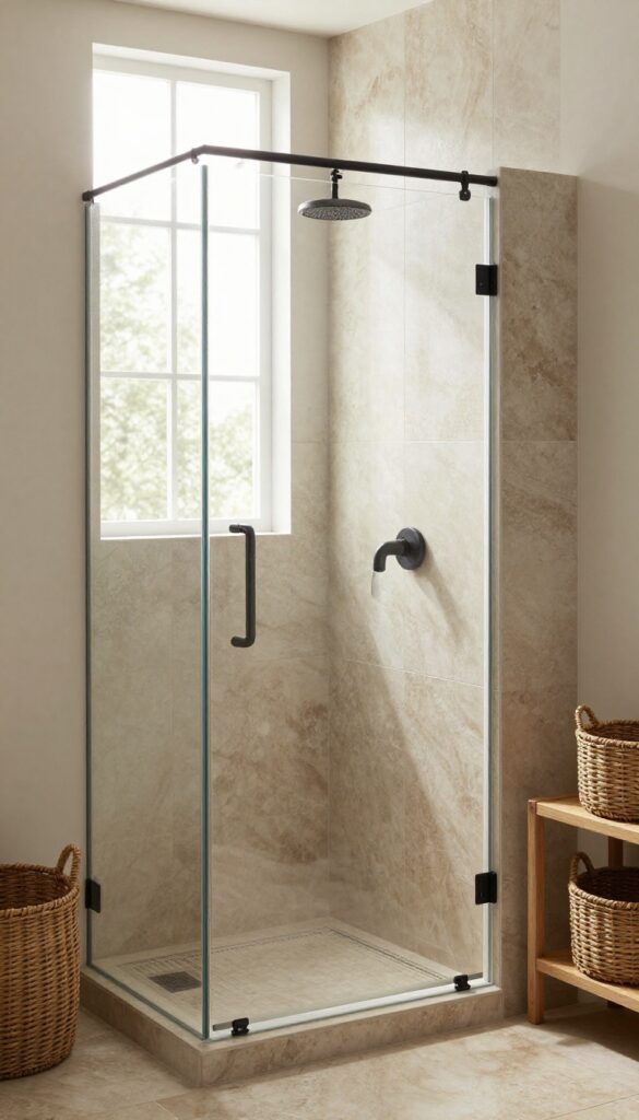 A rustic walk-in shower with textured marble tiles in earthy tones, featuring matte black fixtures and wooden accents under natural light.