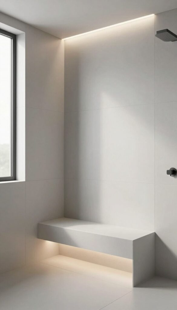 A recessed bench with LED lighting in a modern shower, showcasing built-in design and ambient glow for home decor inspiration.