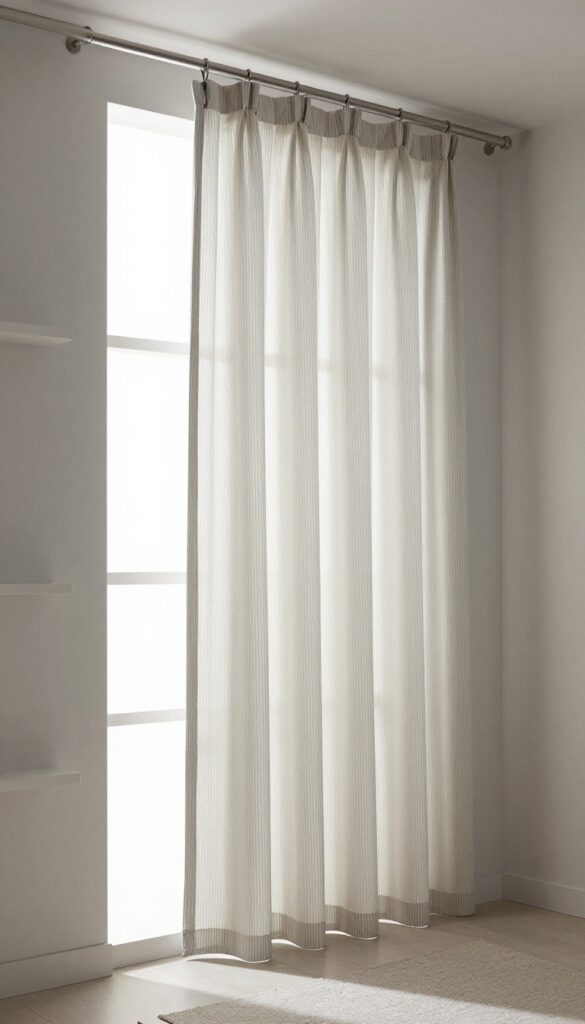 A bathroom with a vertical stripe shower curtain in gray and beige tones, designed to make the space look taller and more refined with natural lighting and clean decor.