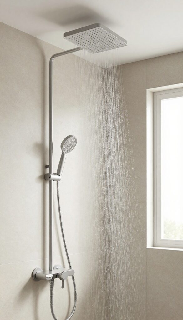 A modern standing shower with a ceiling-mounted rain shower head in a bright, minimalist bathroom design.
