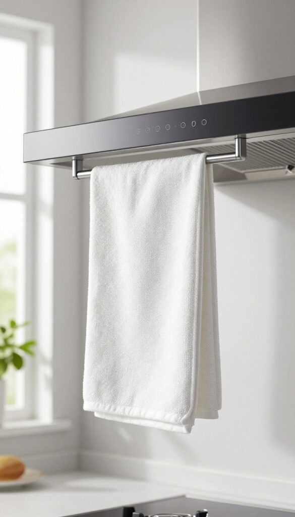 Slim magnetic bar on range hood holding a folded kitchen towel in bright kitchen