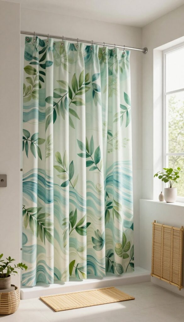 A long shower curtain with a nature-inspired leaf and wave print in a bright, naturally lit bathroom, styled with bamboo accessories and plants for a calming retreat.