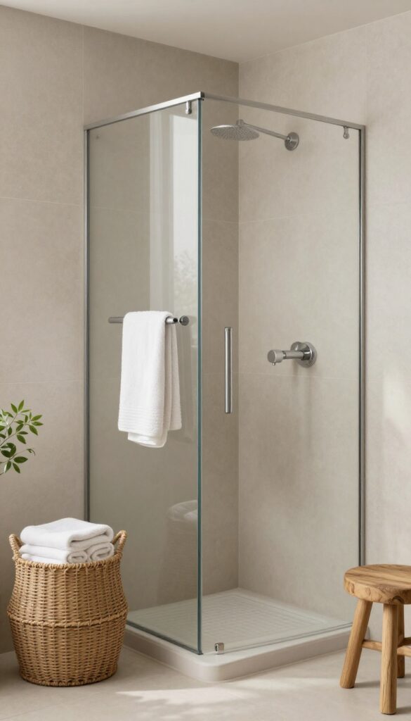 A modern quadrant shower room with matte tiles and woven accents like baskets and towels in neutral and earthy tones, creating a cozy and inviting spa-like bathroom.