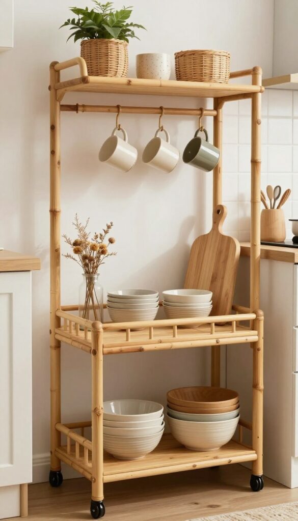 Bamboo kitchen trolley with hanging hooks, styled with ceramic bowls, wooden board, dried flowers, and hanging mugs in a bright rustic boho kitchen.