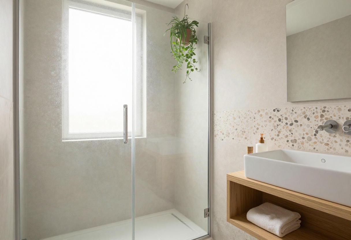 Modern bathroom shower with window, natural light, frosted glass, pebble tiles, plants, and wooden shelf in a serene, textured space.