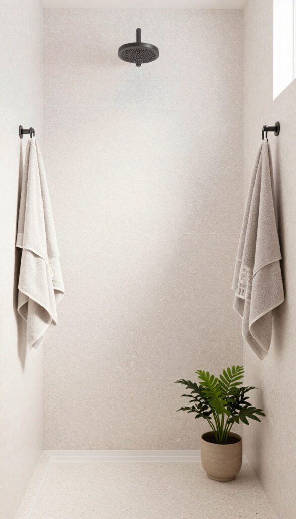 Terrazzo tile walk-in shower with speckled patterns in natural light