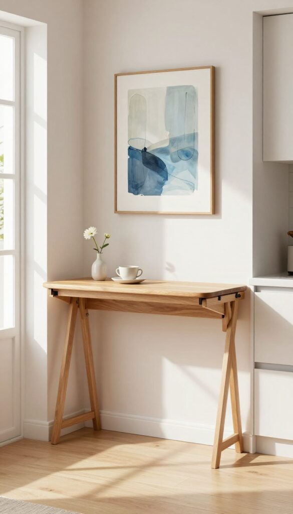 Fold-down wall table with art above in a bright kitchen