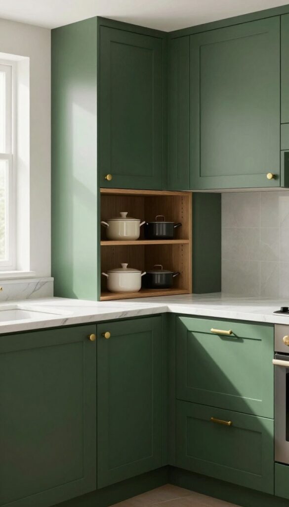 Dark green kitchen cabinets with corner lazy Susans, white marble countertops, brass hardware, natural light