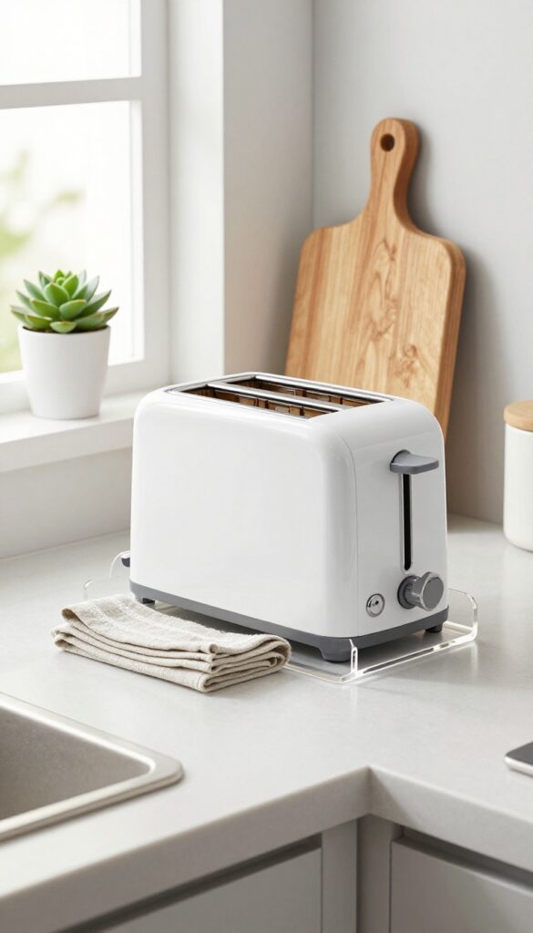 Clear acrylic riser on kitchen countertop with toaster above and cutting board and napkin stored underneath.