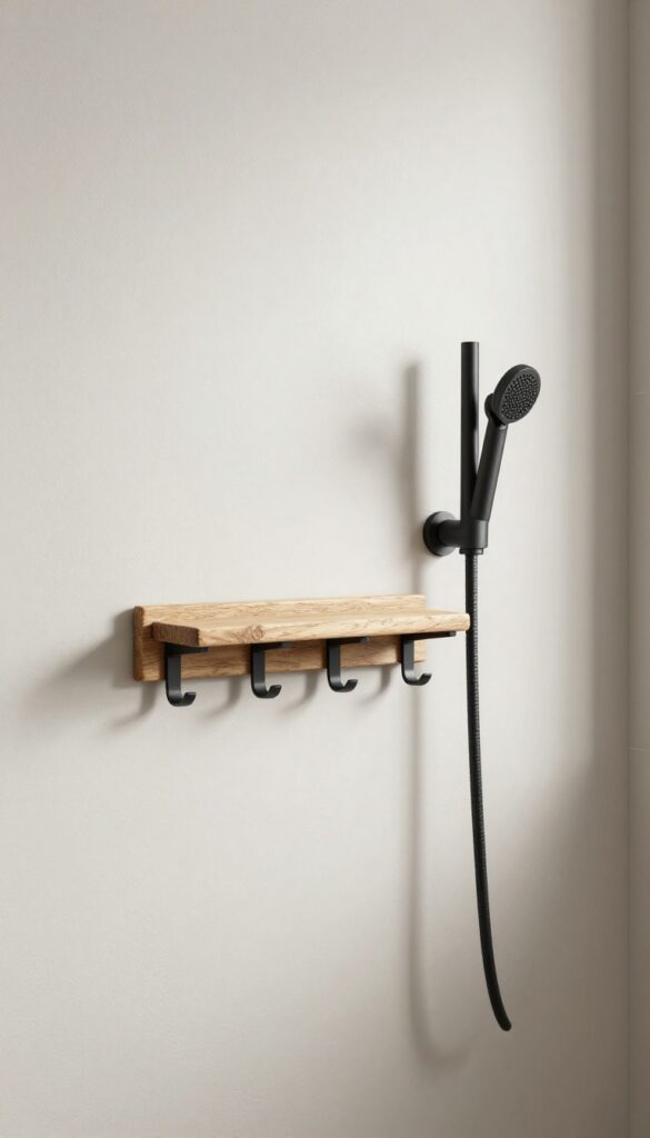 Minimalist black matte hardware in an off-grid shower with wood and stone accents, showcasing clean lines and a rustic-modern aesthetic.