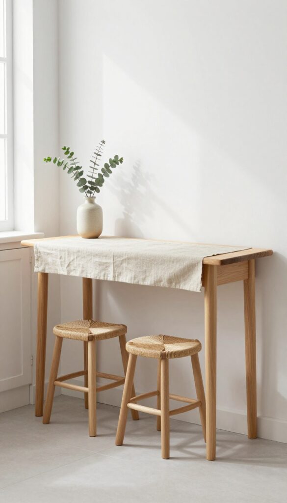 Slim console table as breakfast bar in small kitchen with stools tucked underneath