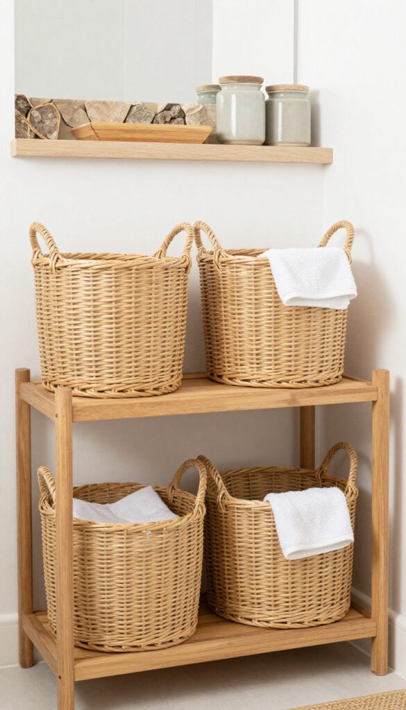 Woven baskets used for hidden storage in an off-grid bathroom shower setting, showcasing natural materials like rattan and seagrass to add warmth and texture while keeping towels and linens tidy.