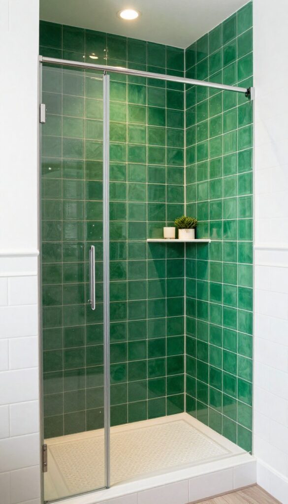 A walk-in shower with large white subway tiles and a tiled niche featuring bold emerald green large tiles as a vibrant focal point.