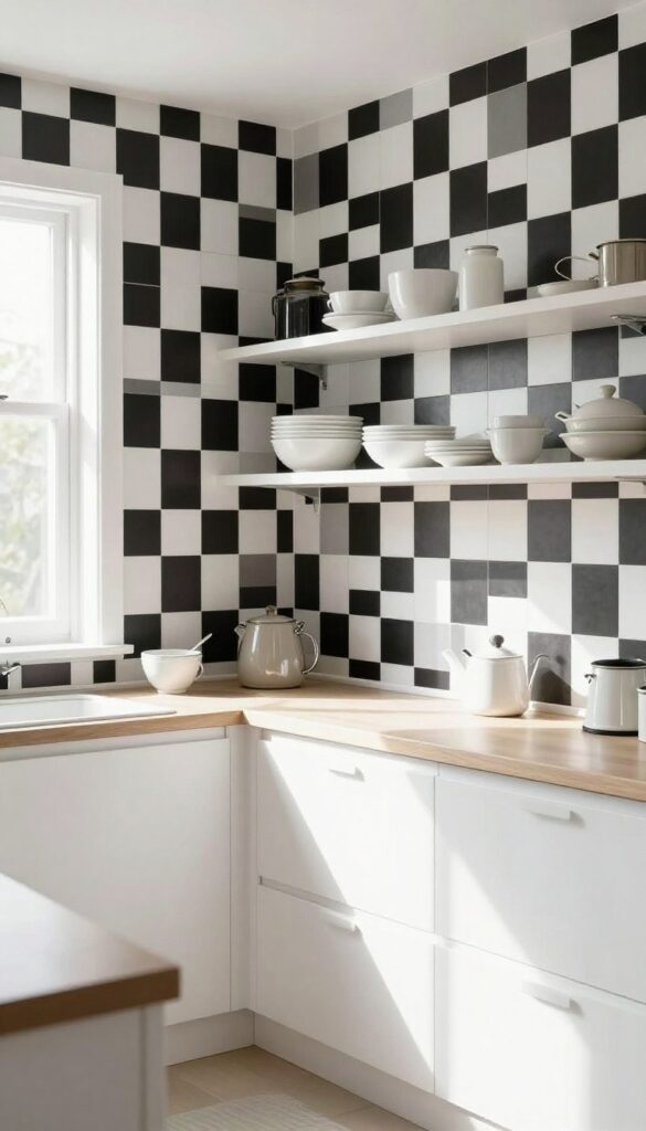 Bright kitchen with black and white checkerboard wallpaper on half-wall above wainscoting, open shelving, and minimal countertops.