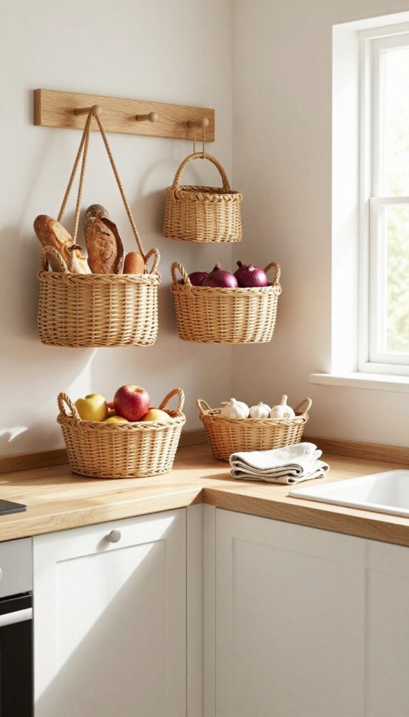 Wall-mounted woven rattan baskets in a small kitchen storing bread, onions, garlic, and napkins.