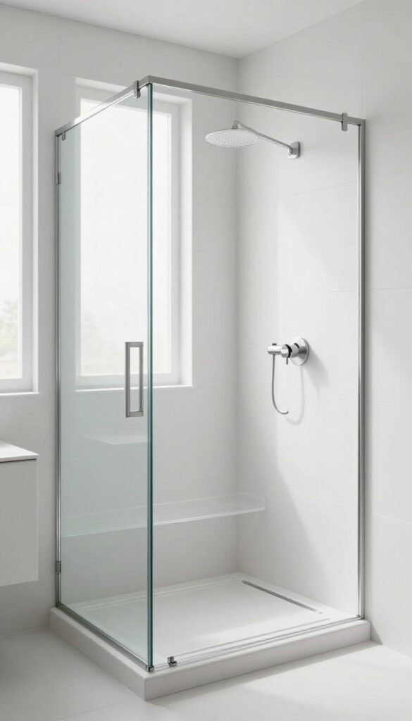A clear acrylic floating bench in a modern shower, enhancing the space with a lightweight and contemporary look.