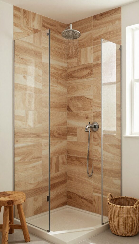 A walk-in shower with wood-look porcelain tiles providing warmth and durability in a bright, clutter-free bathroom setting.