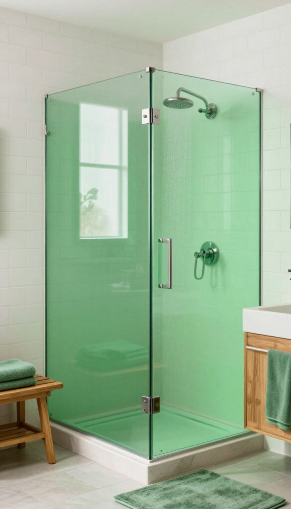 A modern bathroom featuring an emerald green tinted glass shower partition that adds personality and depth to the space, with natural light highlighting its warm glow against white tiles and wood accents.