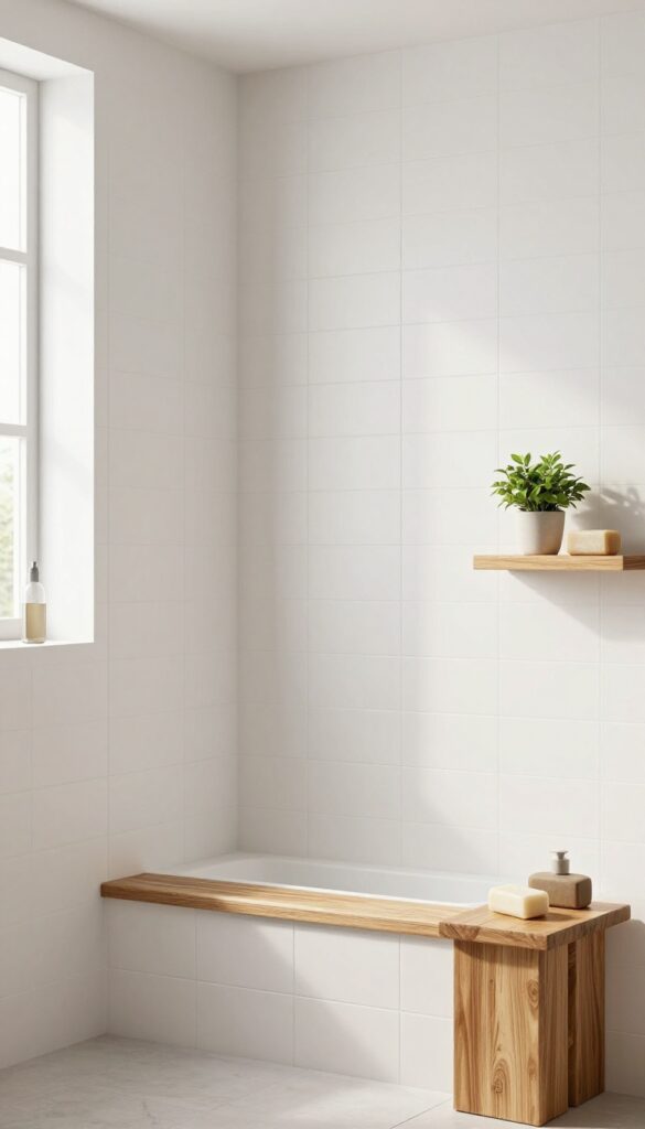 A white tile shower with wooden accents including a bench and shelves, showcasing a cozy contrast in bathroom design.