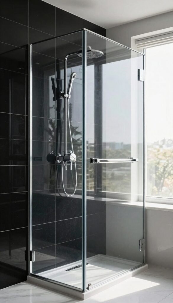 A modern bathroom shower with glossy black tiles reflecting light, featuring chrome fixtures and a clear glass door for an airy, luxurious feel.