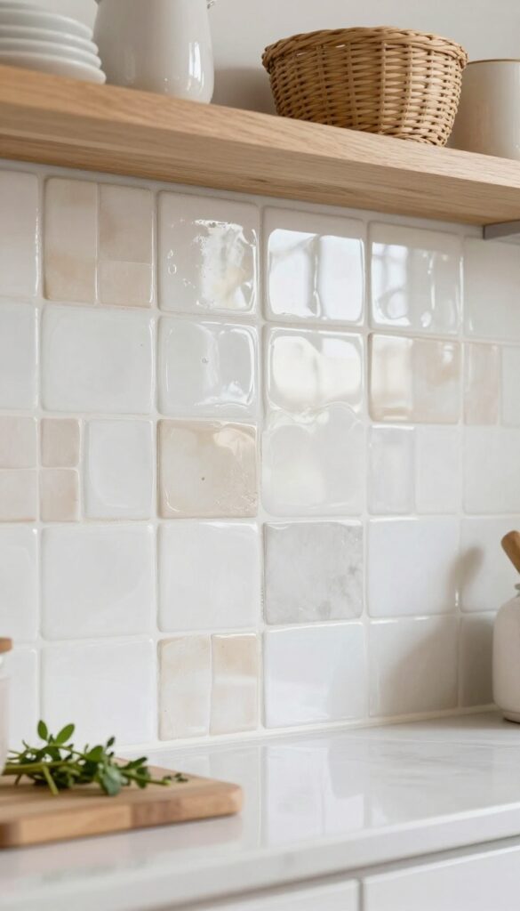 Handmade zellige tile splashback in a bright kitchen with natural light reflecting off glossy tiles.