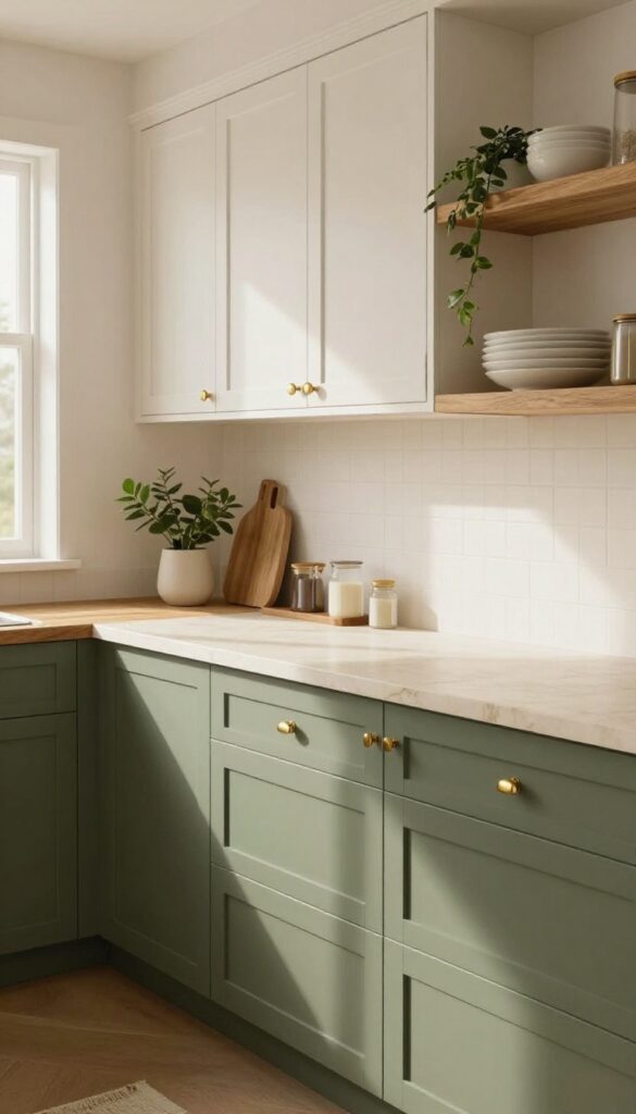 Olive green kitchen cabinets with warm wood accents and brass hardware in natural light.