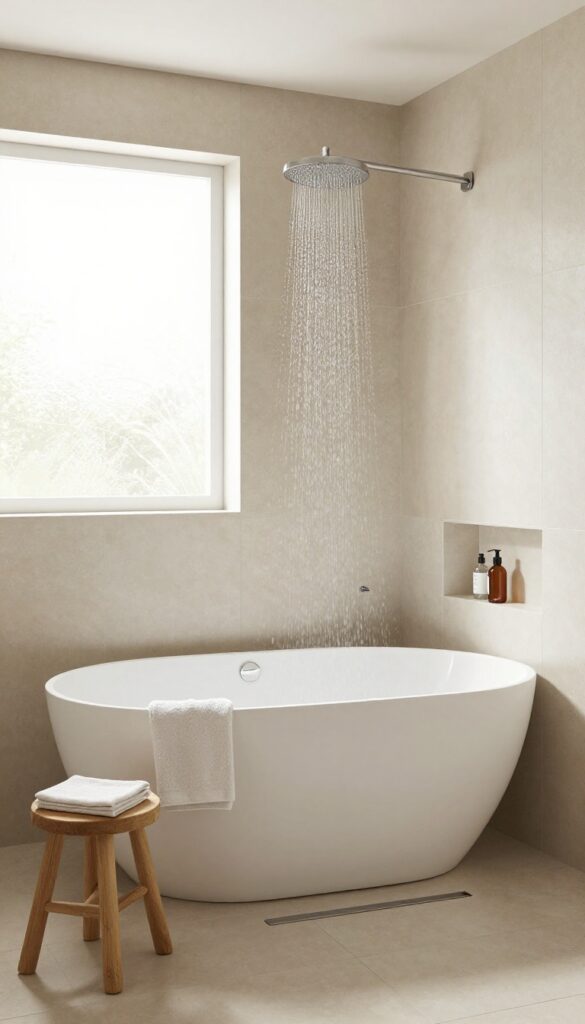 Wet room with central freestanding tub and integrated shower, seamless tile floor, linear drain, rainfall showerhead, natural light.