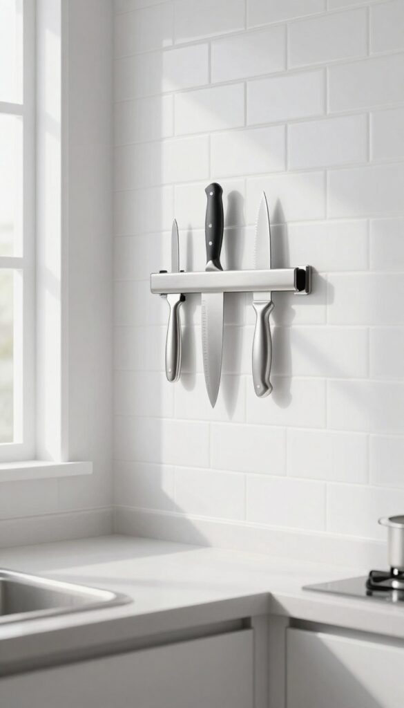 Magnetic knife strip mounted on kitchen wall holding knives